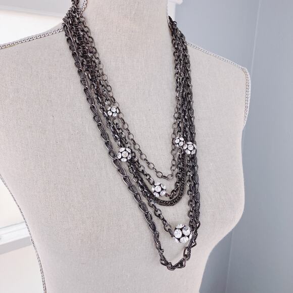 Signed VCLM Multi-Strand Gunmetal Chain Necklace with Crystal Ball Accents - Picture 3 of 9